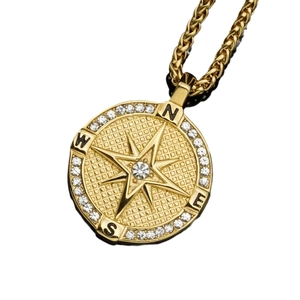 18k gold plated stainless steel compass pendant necklace with sparkling crystal inlay