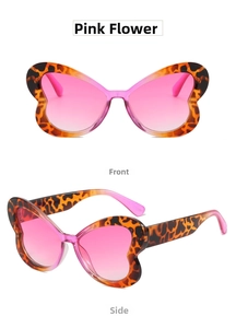 Detailed front and side views of butterfly sunglasses with pink gradient lenses and leopard frame