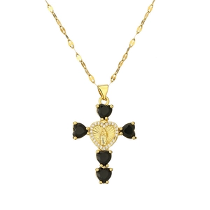Collana religiosa a croce dorata con pendente della Vergine Maria e cristalli neri a cuore