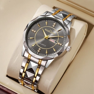 Luxury luminous quartz watch for men featuring two-tone steel strap and dual calendar