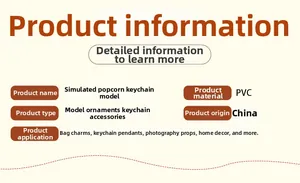 Detailed product specification table for PVC popcorn keychain model showing its features