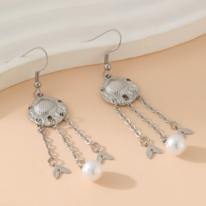 Silver alloy earrings with shell motif, pearl tassels, and fish tail pendants