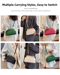 Detail shots of embossed shell-shaped bags in green, cream, pink and black finishes