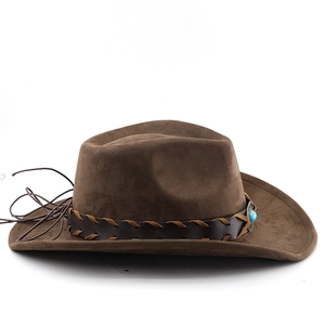 Detail of a brown suede cowboy hat with braided leather band and turquoise bead accent