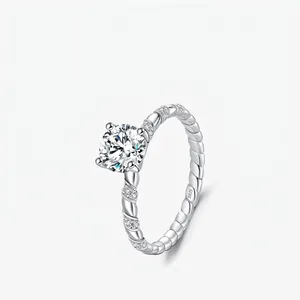 Elegant Round Moissanite Ring S925 Sterling Silver Twist Band Four-Prong Sparkling Cubic Zirconia Jewelry For Women