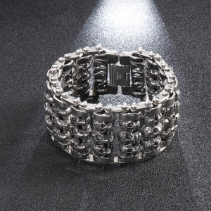 Punk style stainless steel skull bracelet with multi-layer heavy industrial design for men