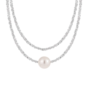 Minimalist S925 sterling silver double-layer necklace with silver nuggets and white pearl