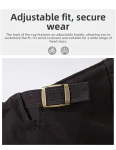 Detail der verstellbaren Metallschnalle und Köperstruktur auf der Streetstyle-Baskenmütze
