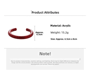 Detail showing red marble pattern acrylic cuff bangle dimensions and 15.2g weight specs