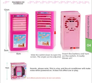 Pink toy air conditioner for dollhouse showing front vents, battery case, and size details