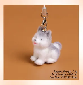 Flocced husky dog pendant with lobster clasp, weight 7.3g and 100mm total length