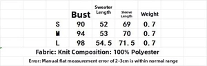 Detailed size chart for Fair Isle knit cardigan with S, M, L measurements in centimeters