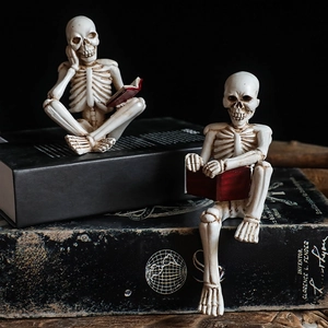 Creative skeleton figurines reading books, gothic resin home decor for Halloween setups