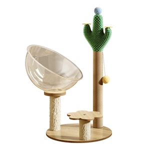 Multifunctional cactus cat tree with transparent space capsule bed and petal wooden platform