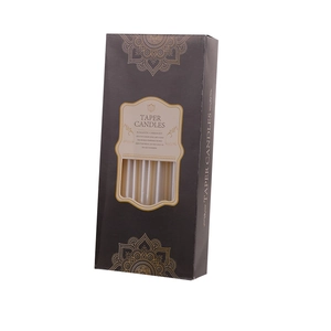 Classic white taper candles in a luxury black gift box with gold mandala patterns
