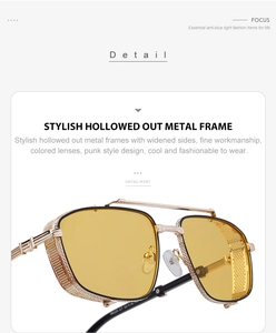 Detail of steampunk metal sunglasses frame with hollow side shields and yellow lenses