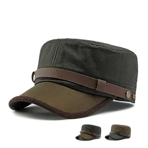 Vintage Distressed Cadet Cap Warm Fleece Lined Military Flat Top Hat Cotton Blend Adjustable Winter Outdoor Unisex