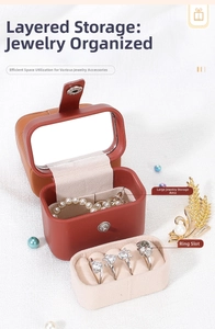 Interior view of PU leather jewelry box with mirror and ring slots in red and brown
