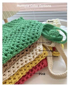 Detail shot of multi-colored cotton woven bags in green, brown, white, yellow, and pink