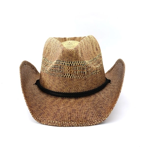 Detailansicht von gewebtem Stroh-Cowboyhut mit Mesh-Muster und schwarzer Kordel