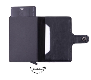 Detail of RFID blocking black leather wallet showing pop-up aluminum card holder mechanism