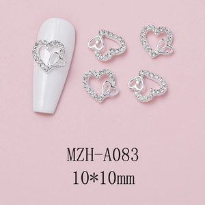 Detail view of 10x10mm silver double heart nail charm MZH-A083 with sparkling rhinestones