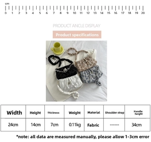 Size chart for niche pleated handbag showing 24cm width, 14cm height and 34cm handle