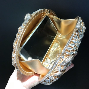 Golden leaf pattern evening clutch bag with sparkling rhinestones and chain strap