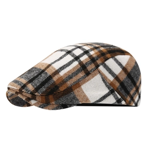 Classic British plaid newsboy cap in brown and beige wool blend for men and women
