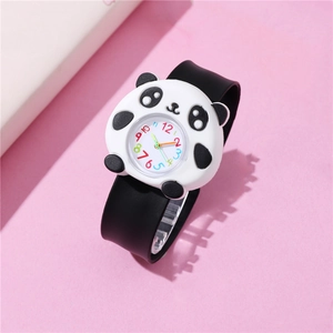 Cute panda cartoon children's quartz watch with black silicone strap on pink background