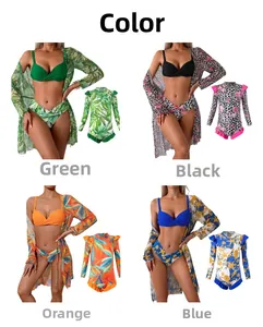 Detail view of four tropical and floral patterns on parent-child matching swimwear sets