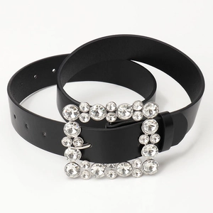 Women's black faux leather belt with a square rhinestone buckle for modern fashion dresses