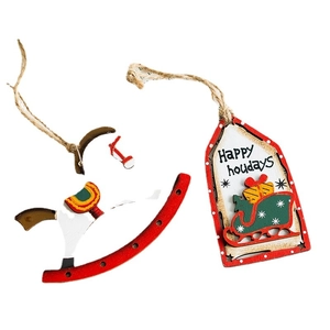 Christmas wooden ornaments set with red rocking horse and Happy Holidays sled tag
