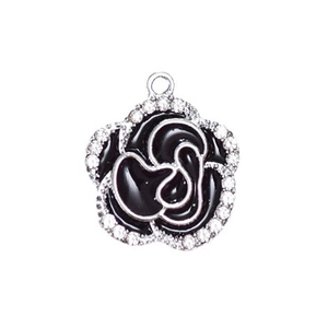 Black enamel camellia flower pendant with silver rhinestones for DIY jewelry making