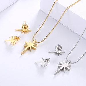 Fashion North Star Pendant Necklace And Stud Earrings Jewelry For Women Stainless Steel Rhinestone Simple Elegant