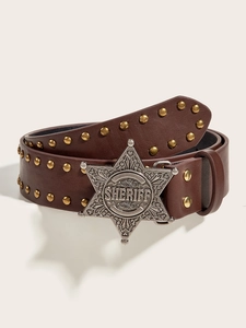 Detail of dark brown rivet belt with a vintage metal sheriff star buckle design