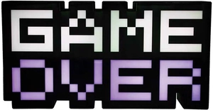 Macro shot of Game Over LED light with white and purple pixel letters on black frame