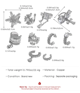 Tabella taglie per set di 10 ear cuff in rame argentato con misure dettagliate dei pezzi