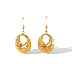 French court style 18K gold plated stainless steel drop earrings with floral engravings