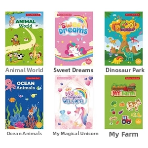 Set of six reusable cartoon sticker books featuring dinosaur and ocean world themes