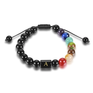 Bracciale Intrecciato Regolabile con Lettera Alfabeto in Pietra Naturale Fatto a Mano Perline Chakra Colorate Ossidiana Energia Uomo Donna Gioielli