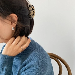 Details von Silberohrsteckern und minimalistischen Ringen mit Haarclip in Leopardenoptik