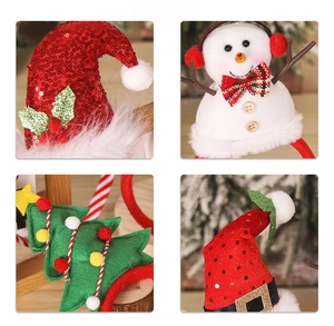 Detail view of four Christmas headbands featuring sequins, snowmen, and festive elf hat designs