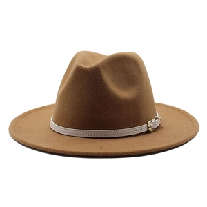 Classic brown wool fedora hat with wide brim and white leather band with gold buckle