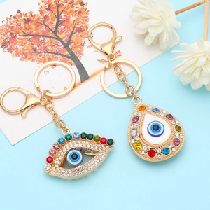 Colorful rhinestone evil eye keychain pendants with gold plating and lobster clasp hooks
