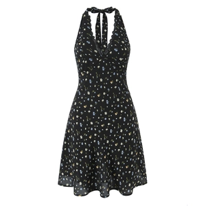 Vestito Donna Allacciato Al Collo Stampa Floreale Scollo A V Bordo In Pizzo Schiena Scoperta Vita Alta Mini Abito Sexy