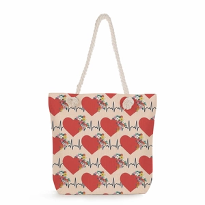Nurse themed tote bag with heart and floral print featuring white cotton rope handles