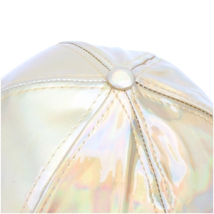 Macro detail of holographic baseball cap top with iridescent texture and yellow stitching