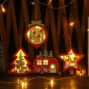 Lighted wooden Christmas pendants in star, tree and car shapes with warm LED glow