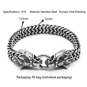 Close-up of stainless steel Viking wolf head bracelet showing 12mm Franco link texture
